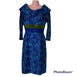 Vintage 60s Womens Dress Abe Schrader for Lord and Taylor Blue Roses Cocktail